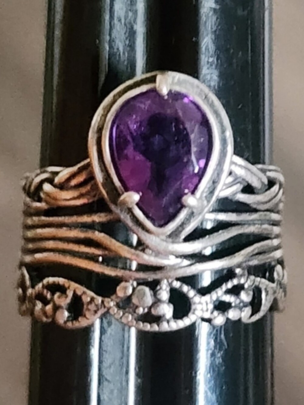 Sterling Silver Pear Amethyst Stacked Layered Look Ring - Purple Israel Size 10